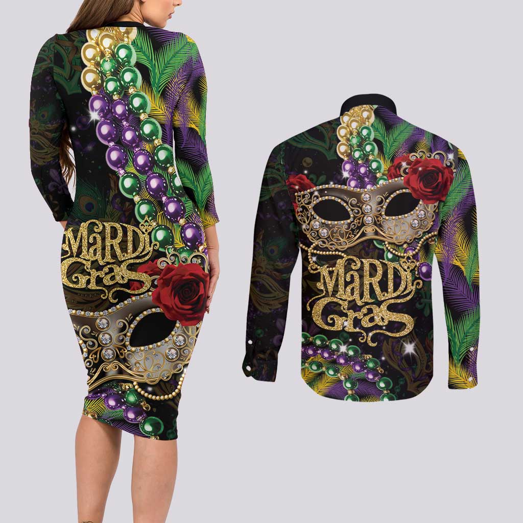 Mardi Gras 2025 Couples Matching Long Sleeve Bodycon Dress and Long Sleeve Button Shirt Beadeds With Gorgeous Mask - Wonder Print Shop