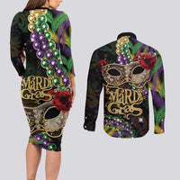 Mardi Gras 2025 Couples Matching Long Sleeve Bodycon Dress and Long Sleeve Button Shirt Beadeds With Gorgeous Mask - Wonder Print Shop