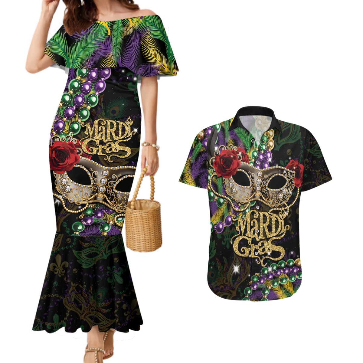 Mardi Gras 2025 Couples Matching Mermaid Dress and Hawaiian Shirt Beadeds With Gorgeous Mask - Wonder Print Shop