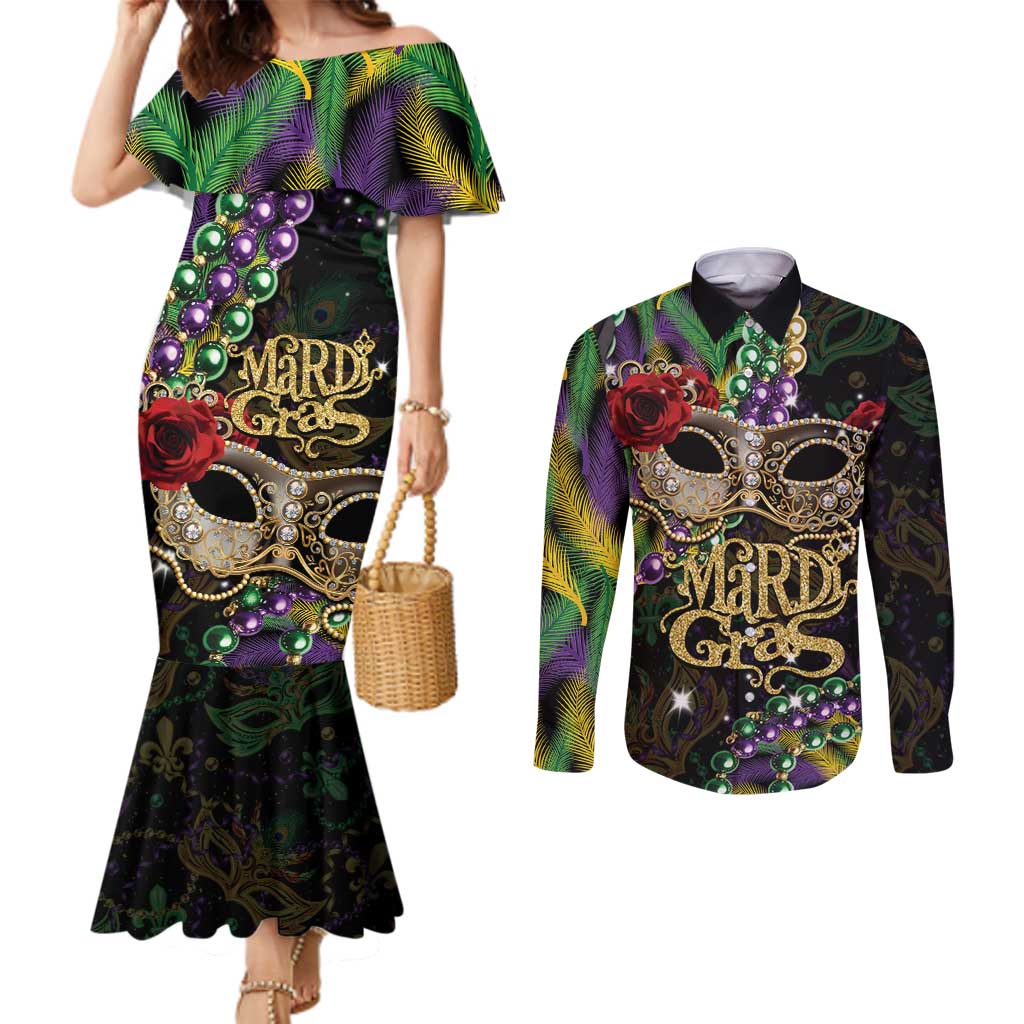 Mardi Gras 2025 Couples Matching Mermaid Dress and Long Sleeve Button Shirt Beadeds With Gorgeous Mask