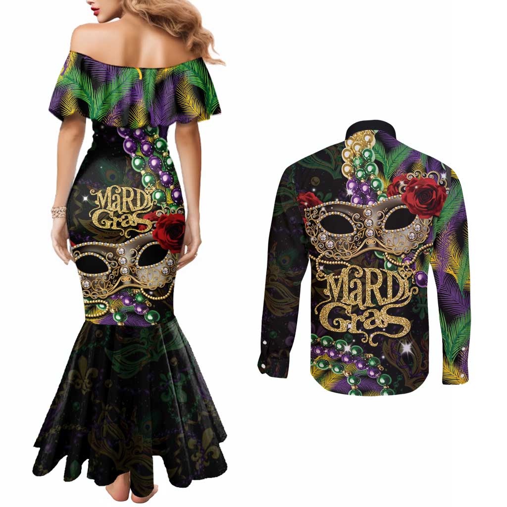 Mardi Gras 2025 Couples Matching Mermaid Dress and Long Sleeve Button Shirt Beadeds With Gorgeous Mask