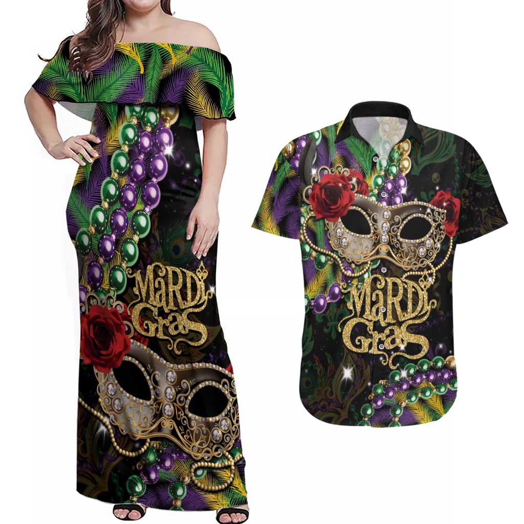 Mardi Gras 2025 Couples Matching Off Shoulder Maxi Dress and Hawaiian Shirt Beadeds With Gorgeous Mask - Wonder Print Shop