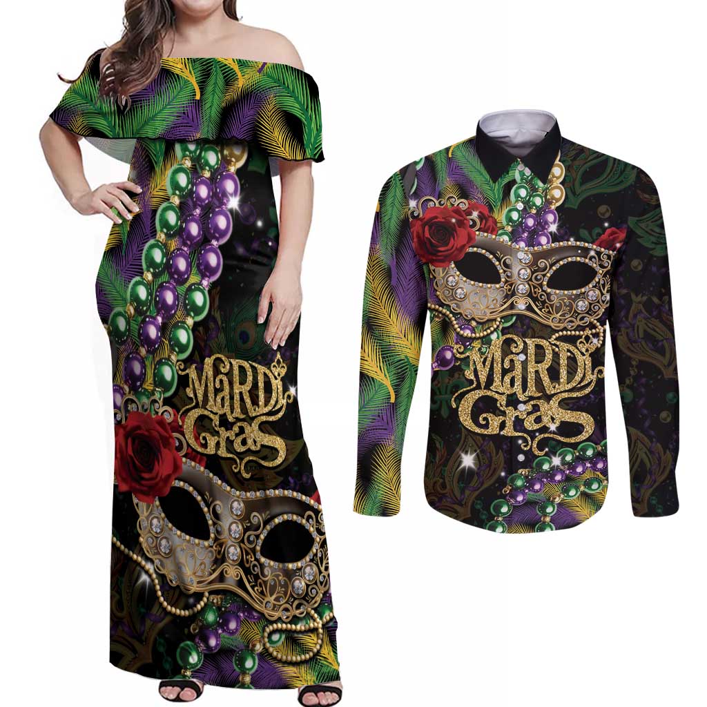 Mardi Gras 2025 Couples Matching Off Shoulder Maxi Dress and Long Sleeve Button Shirt Beadeds With Gorgeous Mask - Wonder Print Shop