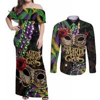 Mardi Gras 2025 Couples Matching Off Shoulder Maxi Dress and Long Sleeve Button Shirt Beadeds With Gorgeous Mask - Wonder Print Shop