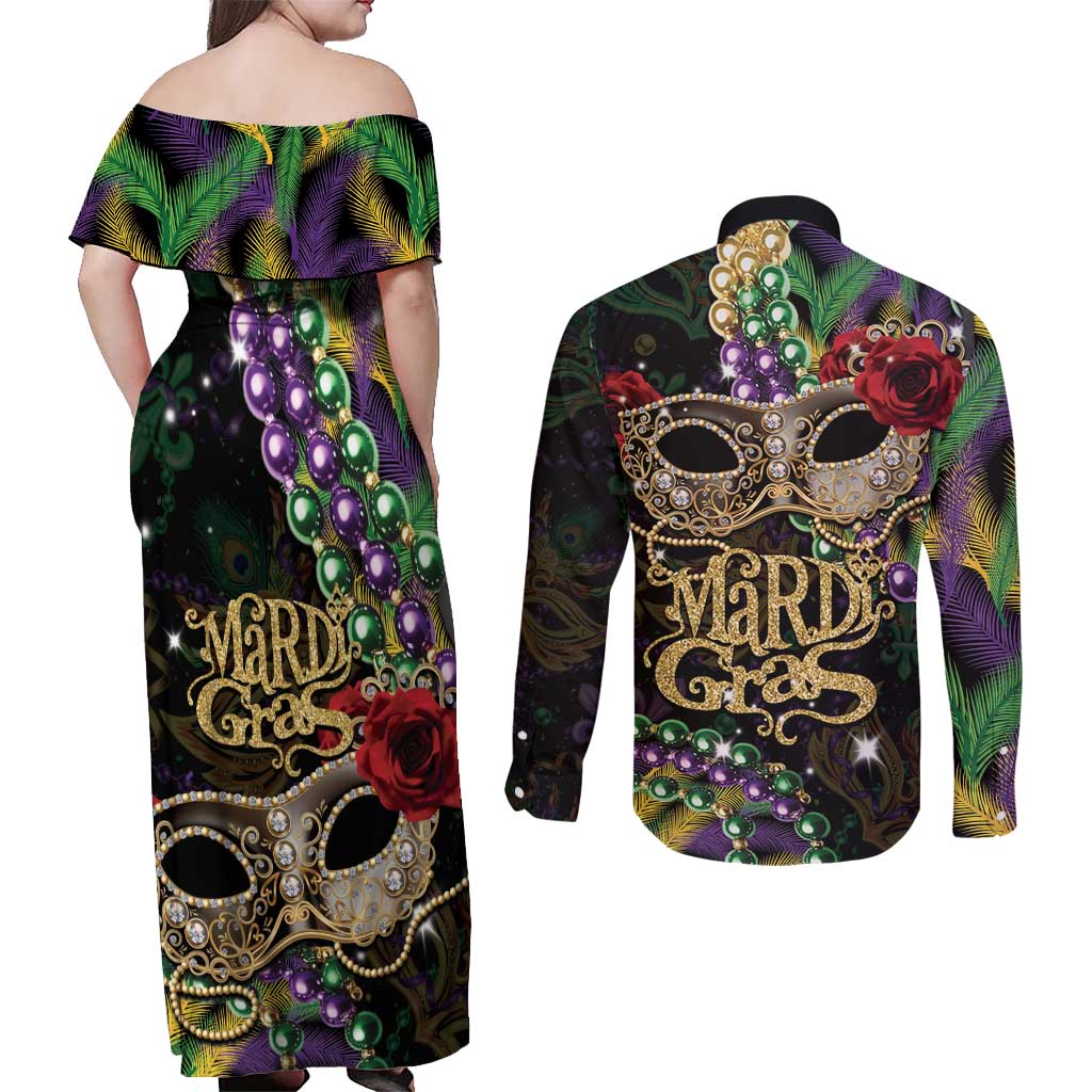 Mardi Gras 2025 Couples Matching Off Shoulder Maxi Dress and Long Sleeve Button Shirt Beadeds With Gorgeous Mask - Wonder Print Shop