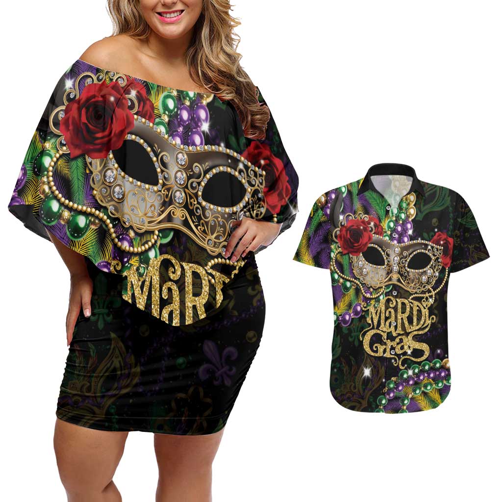 Mardi Gras 2025 Couples Matching Off Shoulder Short Dress and Hawaiian Shirt Beadeds With Gorgeous Mask - Wonder Print Shop