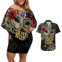Mardi Gras 2025 Couples Matching Off Shoulder Short Dress and Hawaiian Shirt Beadeds With Gorgeous Mask - Wonder Print Shop