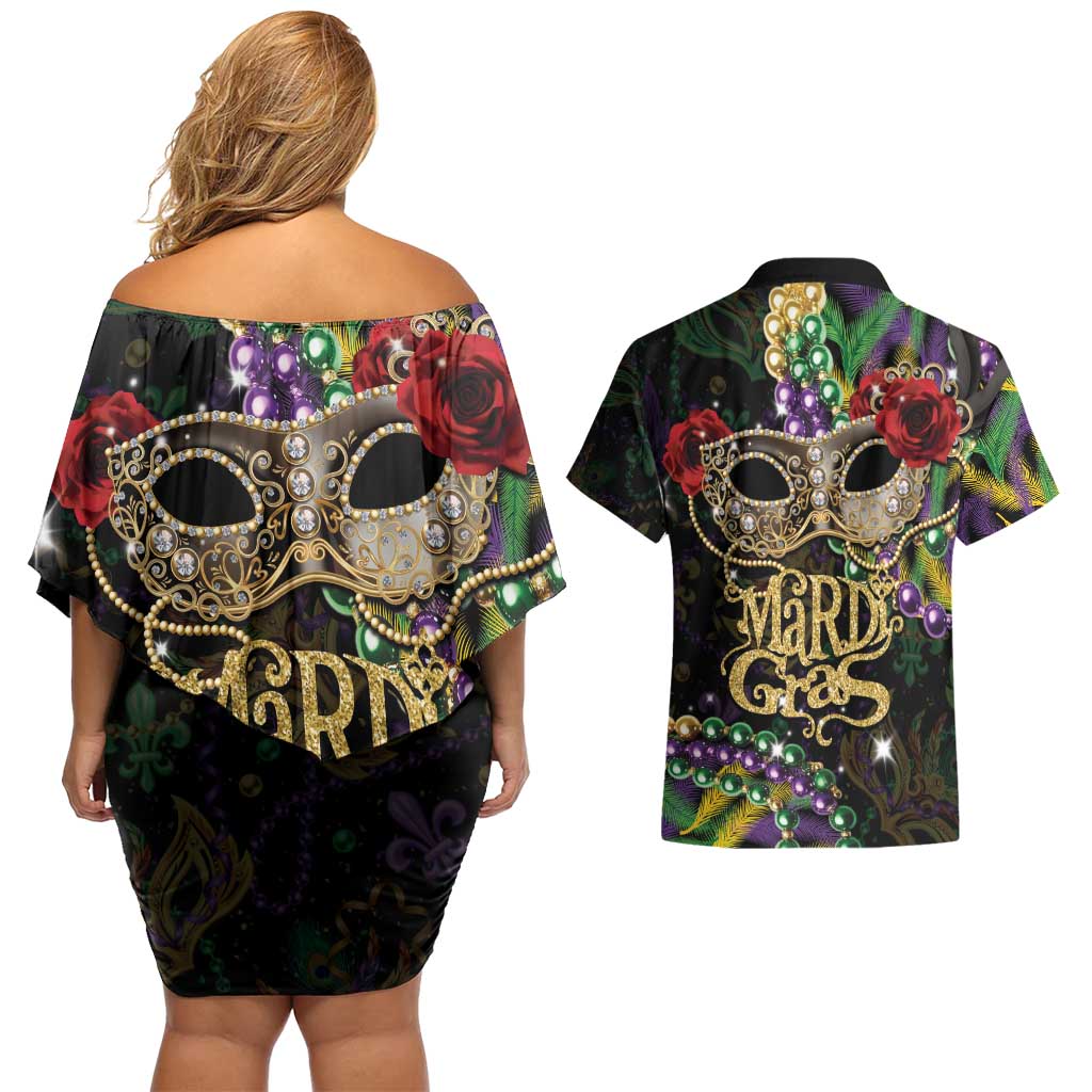 Mardi Gras 2025 Couples Matching Off Shoulder Short Dress and Hawaiian Shirt Beadeds With Gorgeous Mask - Wonder Print Shop