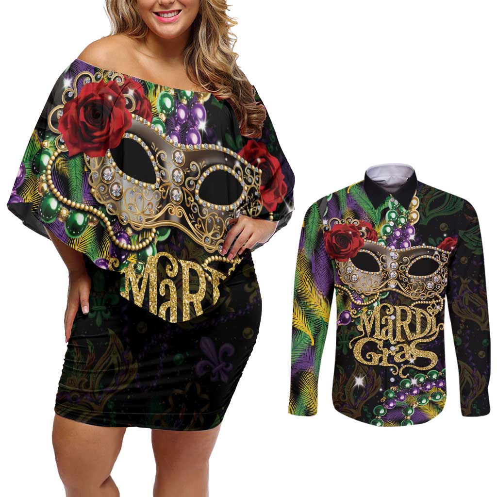 Mardi Gras 2025 Couples Matching Off Shoulder Short Dress and Long Sleeve Button Shirt Beadeds With Gorgeous Mask - Wonder Print Shop