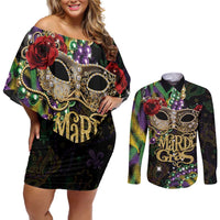 Mardi Gras 2025 Couples Matching Off Shoulder Short Dress and Long Sleeve Button Shirt Beadeds With Gorgeous Mask - Wonder Print Shop