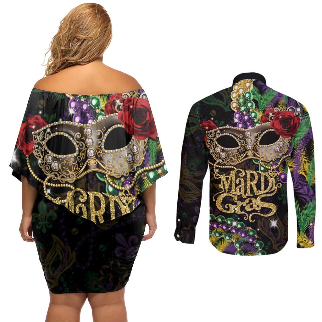 Mardi Gras 2025 Couples Matching Off Shoulder Short Dress and Long Sleeve Button Shirt Beadeds With Gorgeous Mask - Wonder Print Shop