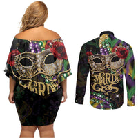 Mardi Gras 2025 Couples Matching Off Shoulder Short Dress and Long Sleeve Button Shirt Beadeds With Gorgeous Mask - Wonder Print Shop
