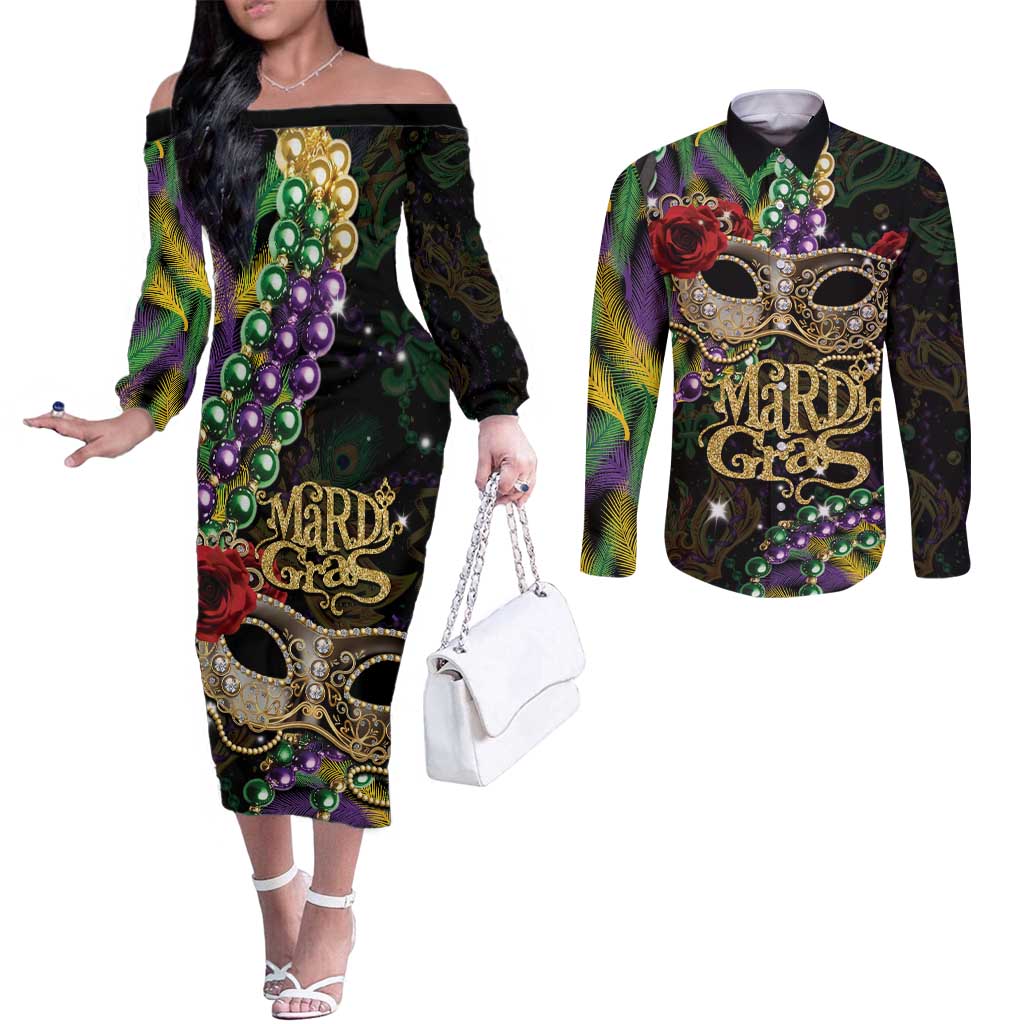 Mardi Gras 2025 Couples Matching Off The Shoulder Long Sleeve Dress and Long Sleeve Button Shirt Beadeds With Gorgeous Mask