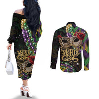 Mardi Gras 2025 Couples Matching Off The Shoulder Long Sleeve Dress and Long Sleeve Button Shirt Beadeds With Gorgeous Mask