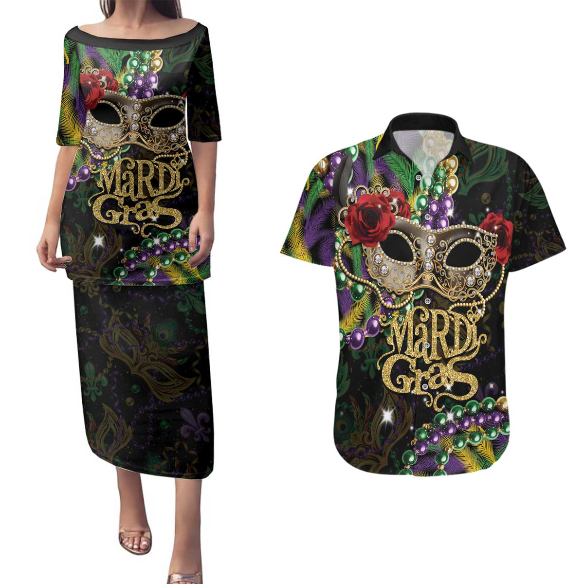 Mardi Gras 2025 Couples Matching Puletasi and Hawaiian Shirt Beadeds With Gorgeous Mask - Wonder Print Shop