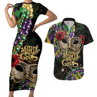 Mardi Gras 2025 Couples Matching Short Sleeve Bodycon Dress and Hawaiian Shirt Beadeds With Gorgeous Mask - Wonder Print Shop