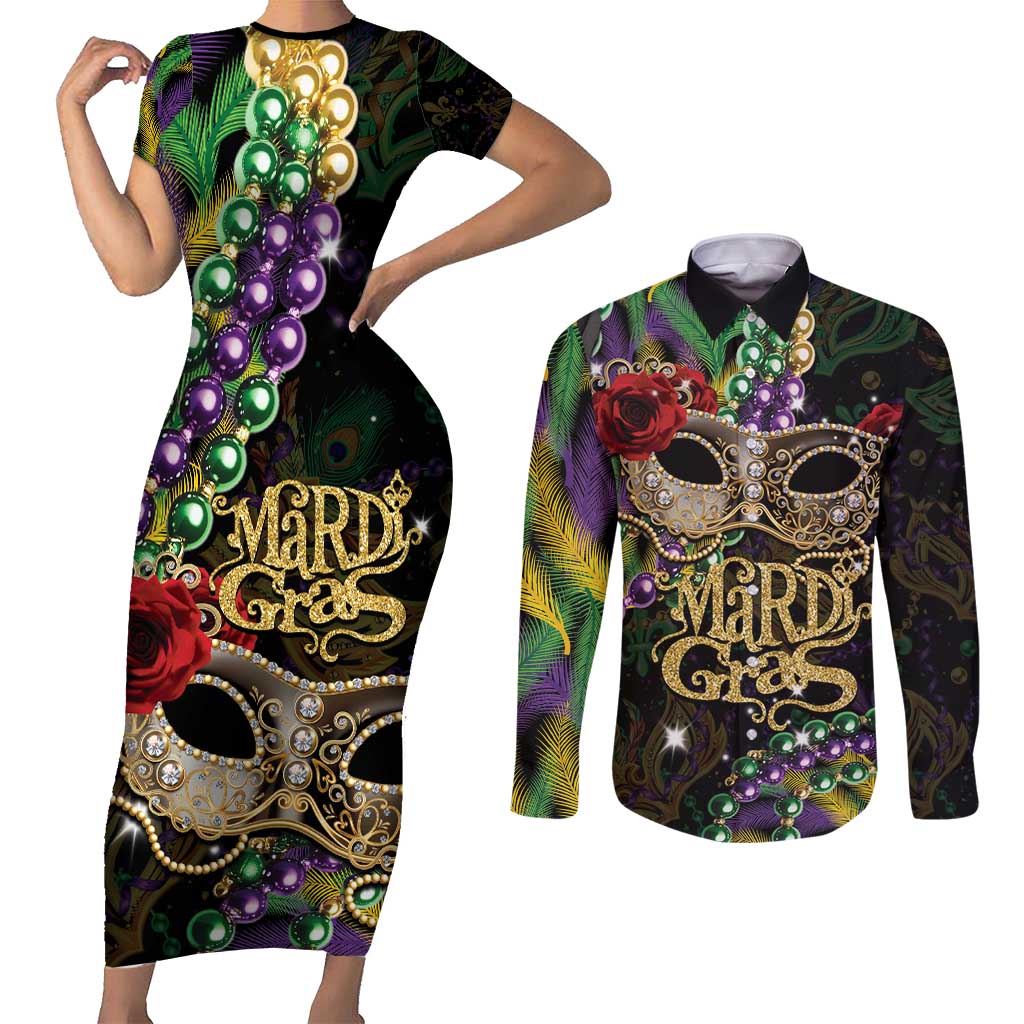 Mardi Gras 2025 Couples Matching Short Sleeve Bodycon Dress and Long Sleeve Button Shirt Beadeds With Gorgeous Mask - Wonder Print Shop