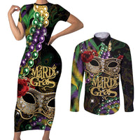 Mardi Gras 2025 Couples Matching Short Sleeve Bodycon Dress and Long Sleeve Button Shirt Beadeds With Gorgeous Mask - Wonder Print Shop