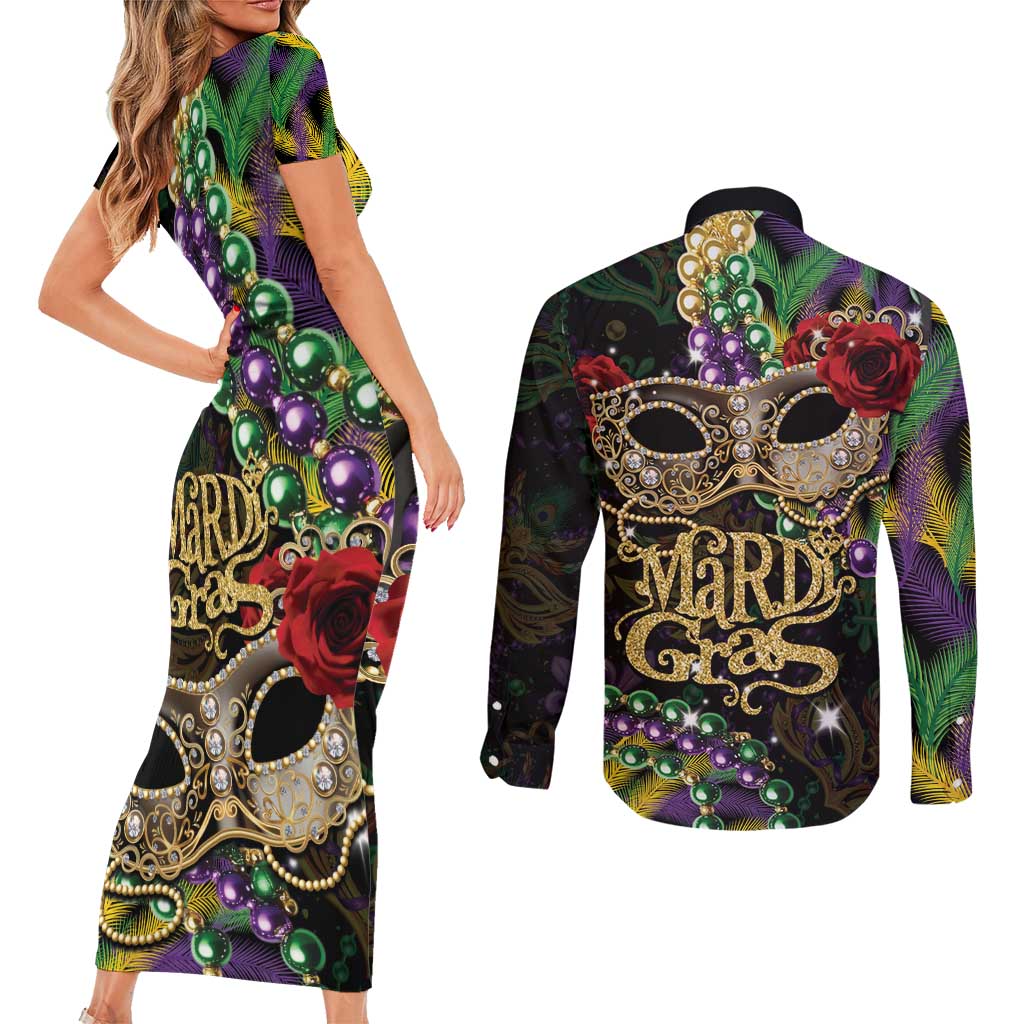 Mardi Gras 2025 Couples Matching Short Sleeve Bodycon Dress and Long Sleeve Button Shirt Beadeds With Gorgeous Mask - Wonder Print Shop