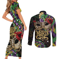 Mardi Gras 2025 Couples Matching Short Sleeve Bodycon Dress and Long Sleeve Button Shirt Beadeds With Gorgeous Mask - Wonder Print Shop