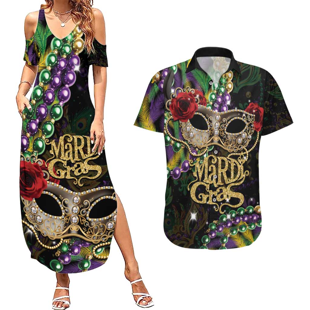 Mardi Gras 2025 Couples Matching Summer Maxi Dress and Hawaiian Shirt Beadeds With Gorgeous Mask - Wonder Print Shop