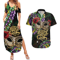 Mardi Gras 2025 Couples Matching Summer Maxi Dress and Hawaiian Shirt Beadeds With Gorgeous Mask - Wonder Print Shop