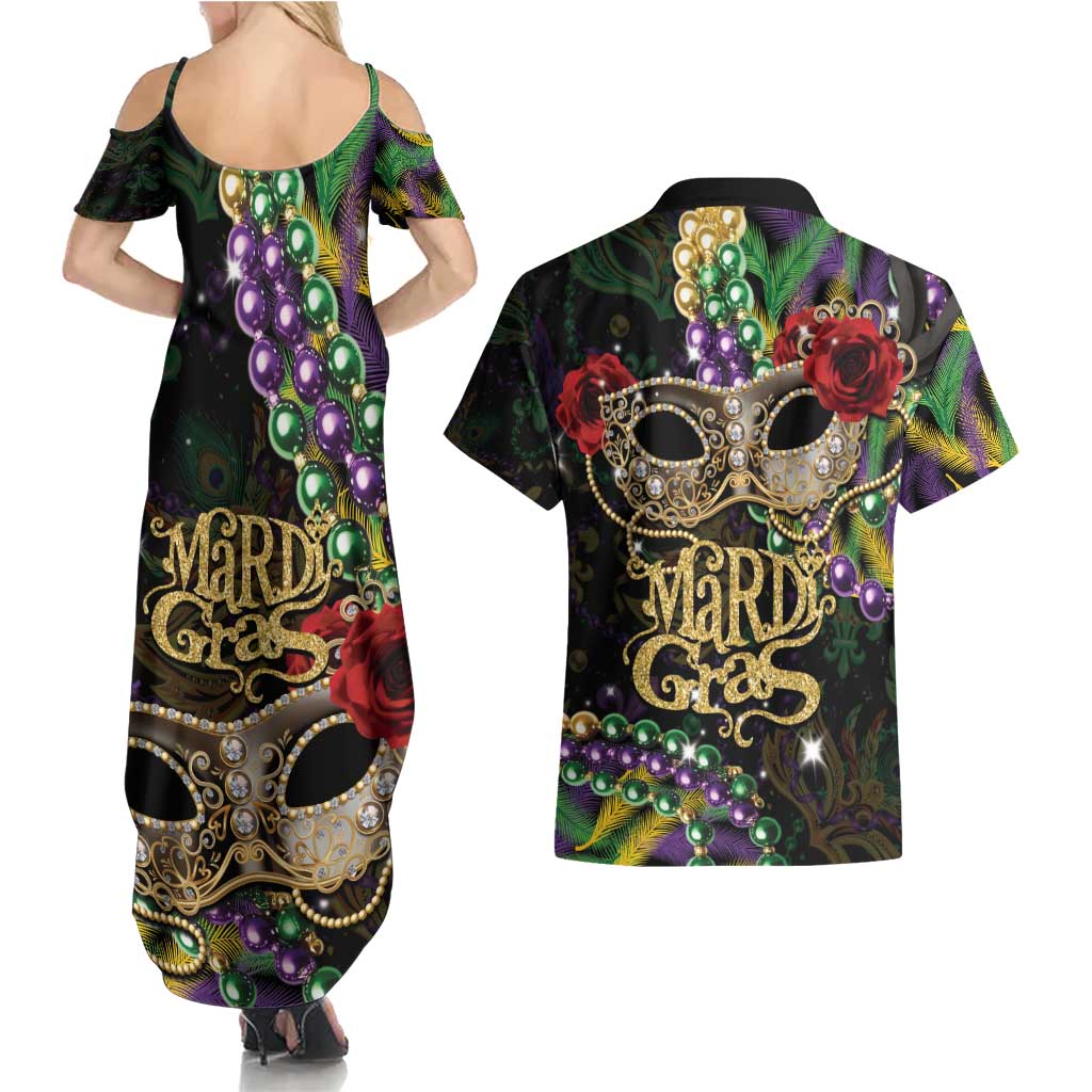 Mardi Gras 2025 Couples Matching Summer Maxi Dress and Hawaiian Shirt Beadeds With Gorgeous Mask - Wonder Print Shop