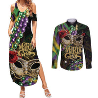 Mardi Gras 2025 Couples Matching Summer Maxi Dress and Long Sleeve Button Shirt Beadeds With Gorgeous Mask - Wonder Print Shop