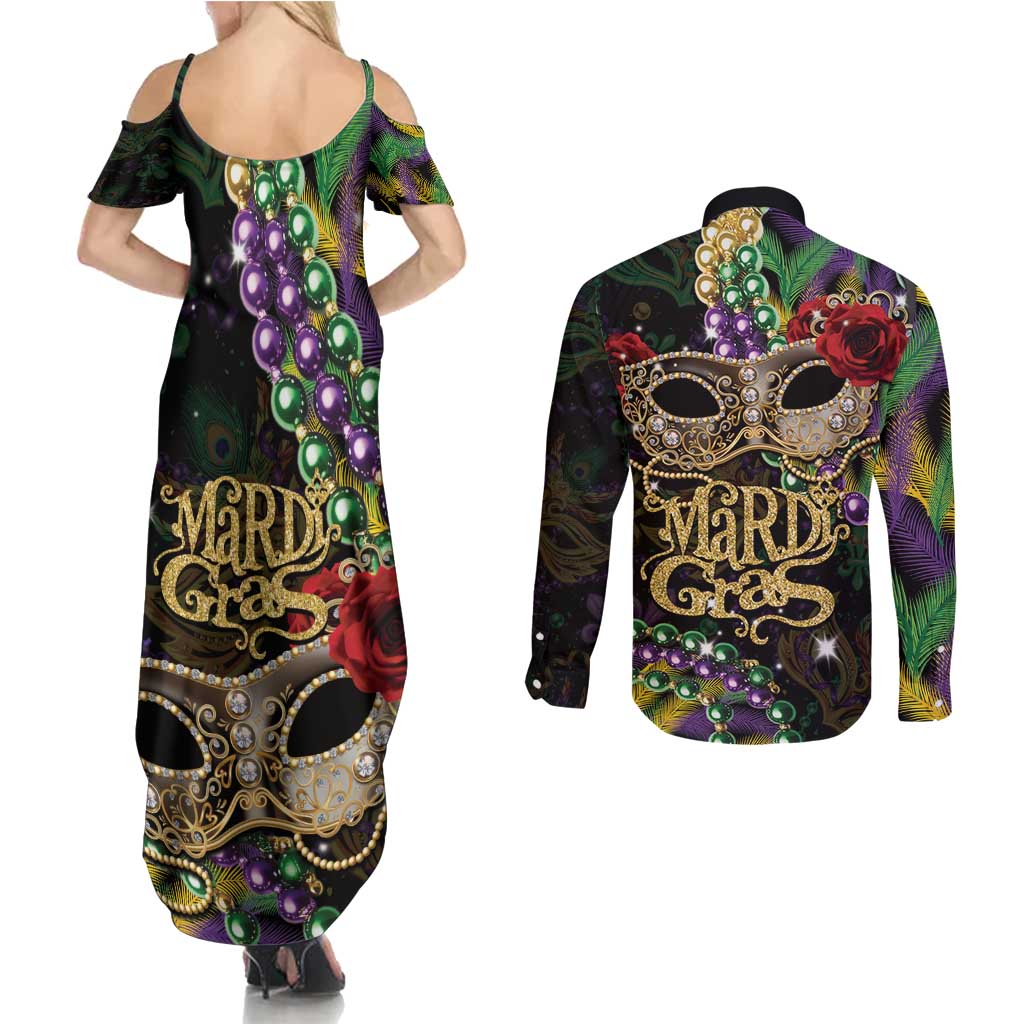 Mardi Gras 2025 Couples Matching Summer Maxi Dress and Long Sleeve Button Shirt Beadeds With Gorgeous Mask - Wonder Print Shop
