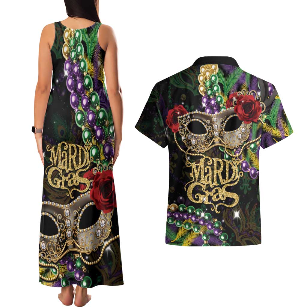Mardi Gras 2025 Couples Matching Tank Maxi Dress and Hawaiian Shirt Beadeds With Gorgeous Mask - Wonder Print Shop