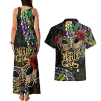 Mardi Gras 2025 Couples Matching Tank Maxi Dress and Hawaiian Shirt Beadeds With Gorgeous Mask - Wonder Print Shop
