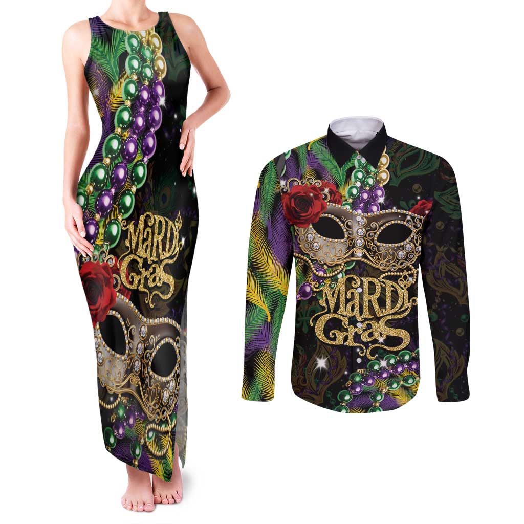Mardi Gras 2025 Couples Matching Tank Maxi Dress and Long Sleeve Button Shirt Beadeds With Gorgeous Mask - Wonder Print Shop