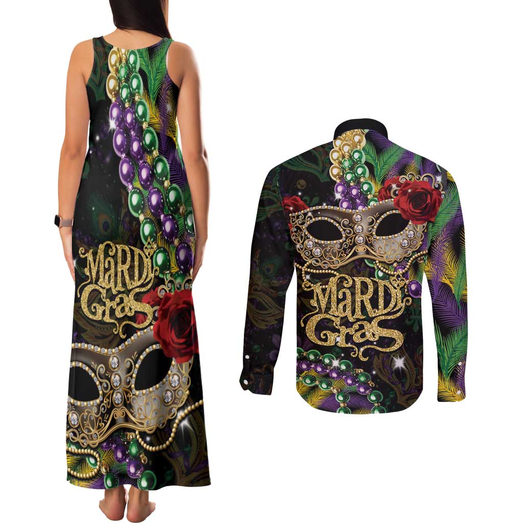 Mardi Gras 2025 Couples Matching Tank Maxi Dress and Long Sleeve Button Shirt Beadeds With Gorgeous Mask - Wonder Print Shop