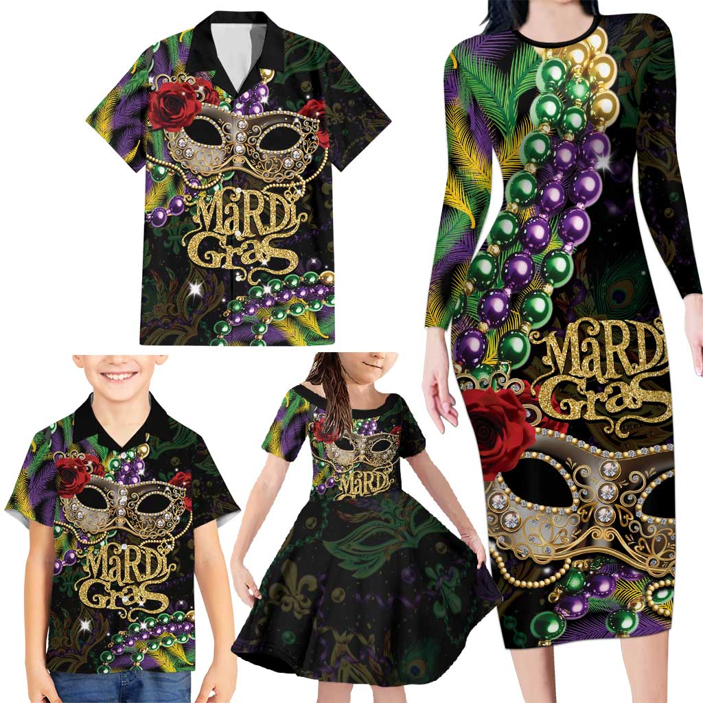 Mardi Gras 2025 Family Matching Long Sleeve Bodycon Dress and Hawaiian Shirt Beadeds With Gorgeous Mask - Wonder Print Shop
