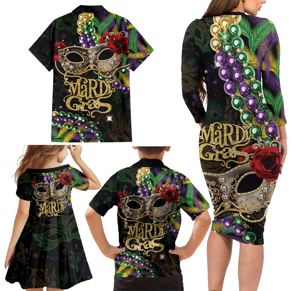 Mardi Gras 2025 Family Matching Long Sleeve Bodycon Dress and Hawaiian Shirt Beadeds With Gorgeous Mask - Wonder Print Shop