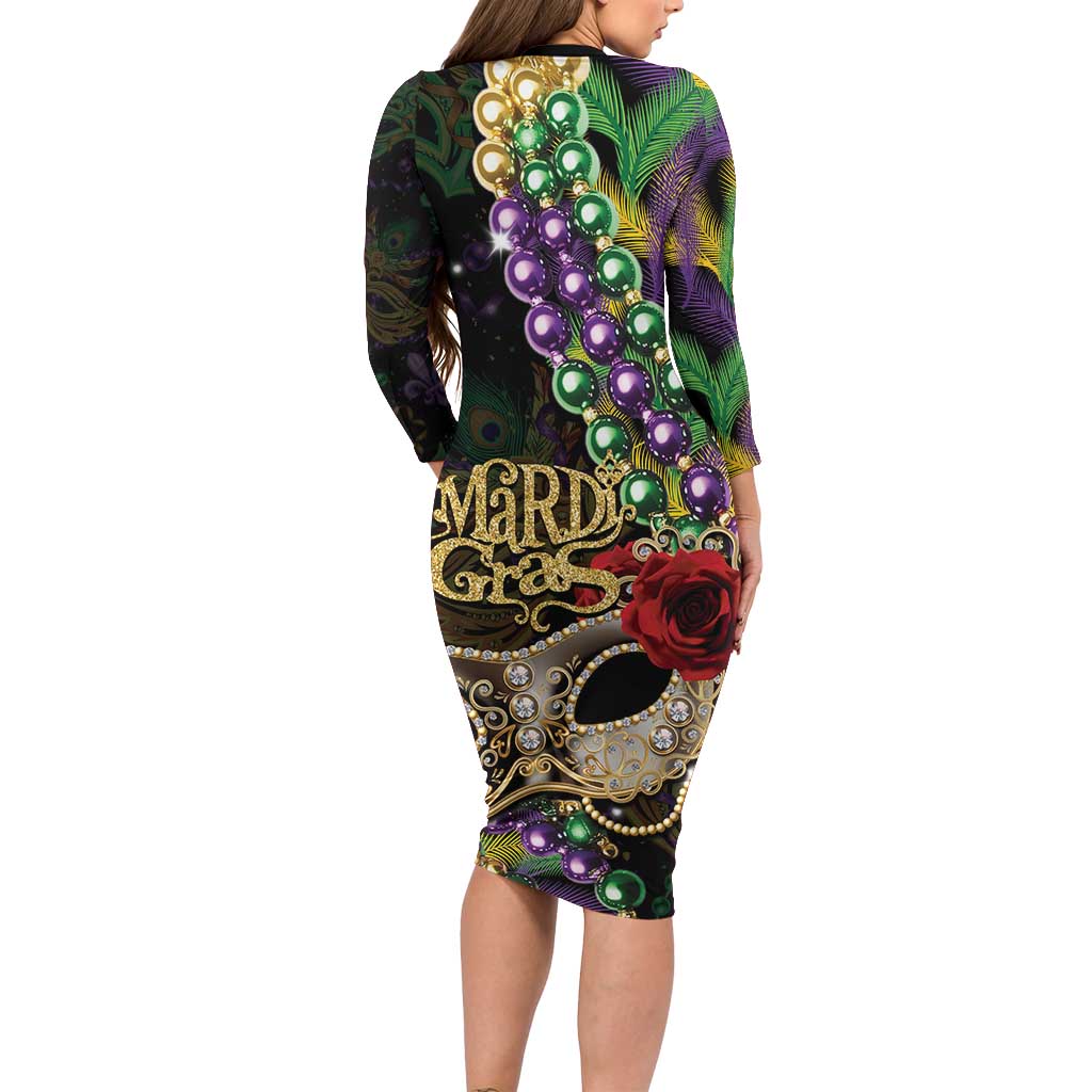 Mardi Gras 2025 Family Matching Long Sleeve Bodycon Dress and Hawaiian Shirt Beadeds With Gorgeous Mask - Wonder Print Shop