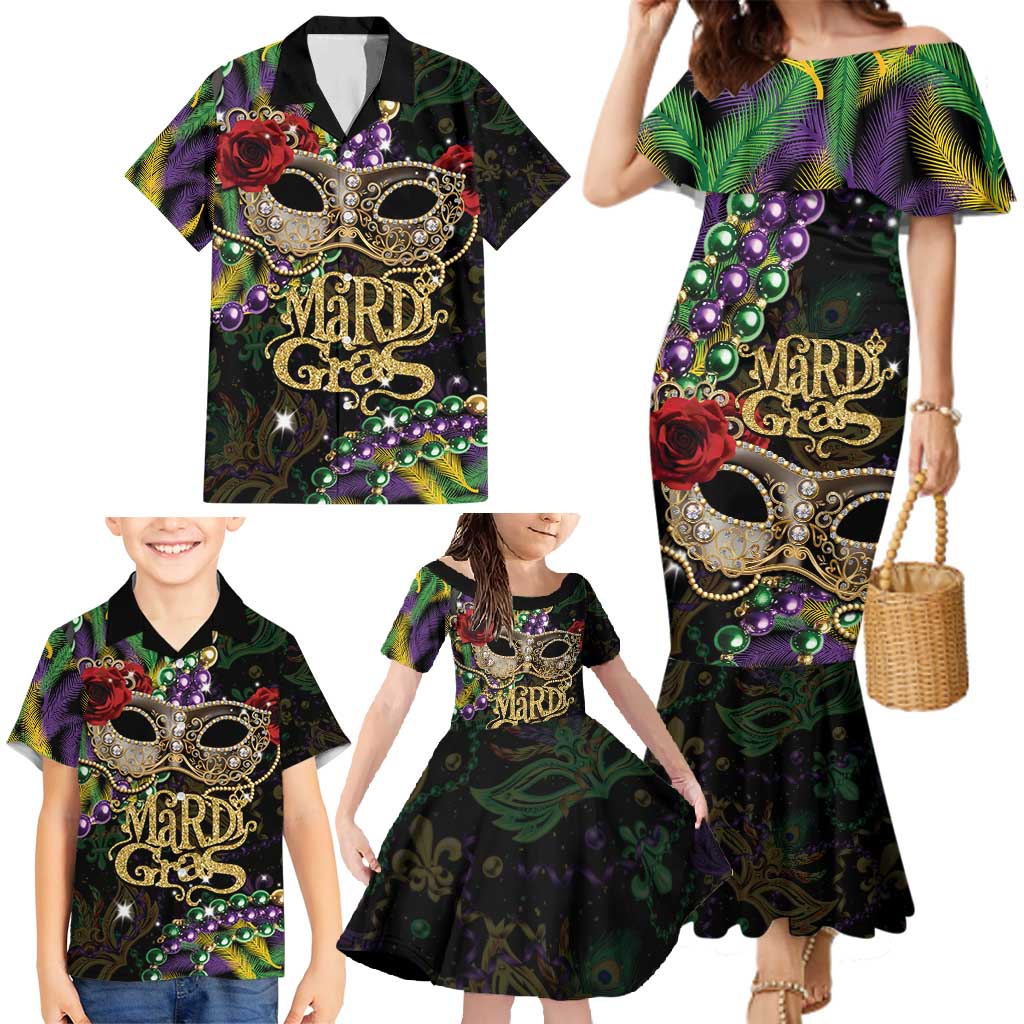 Mardi Gras 2025 Family Matching Mermaid Dress and Hawaiian Shirt Beadeds With Gorgeous Mask - Wonder Print Shop