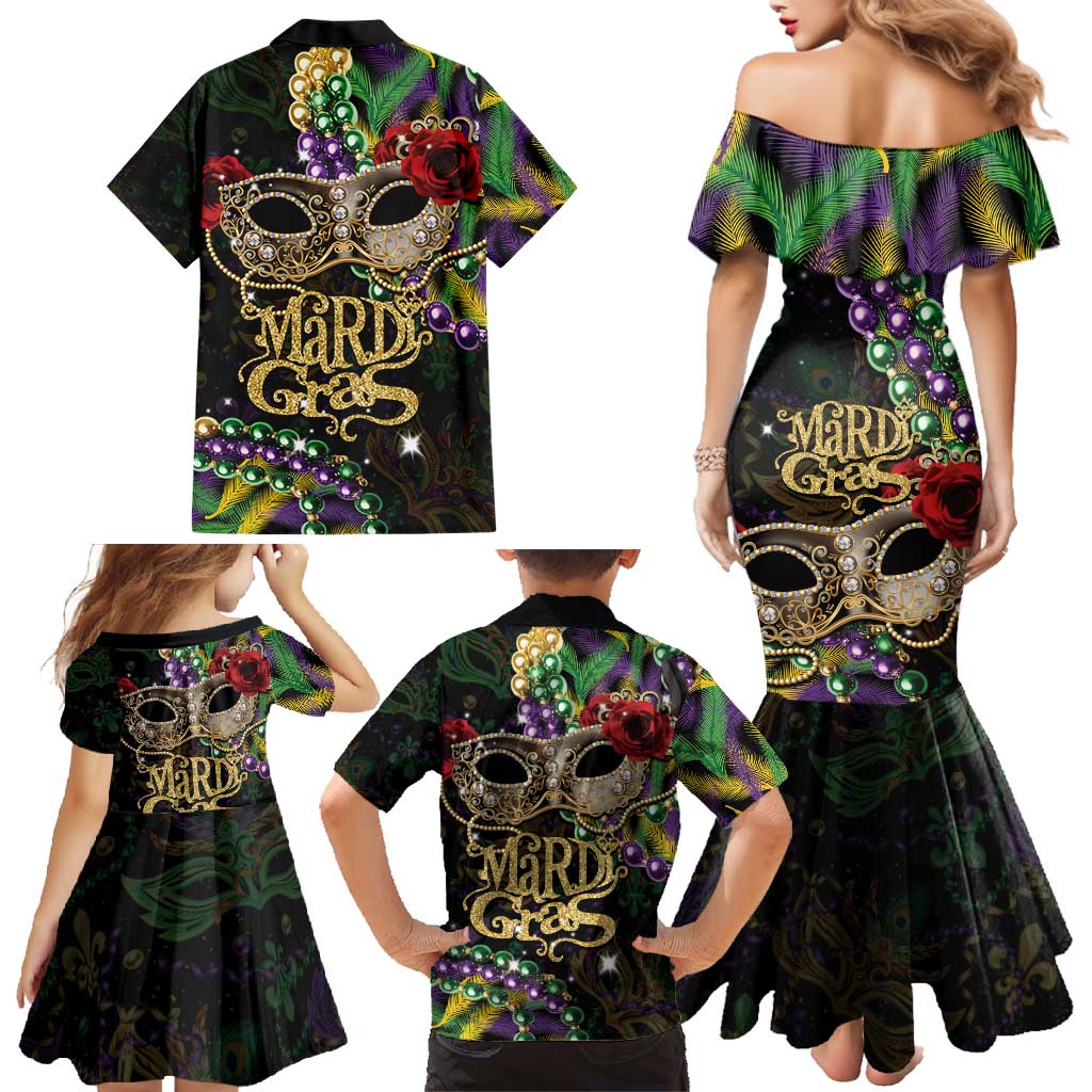 Mardi Gras 2025 Family Matching Mermaid Dress and Hawaiian Shirt Beadeds With Gorgeous Mask - Wonder Print Shop