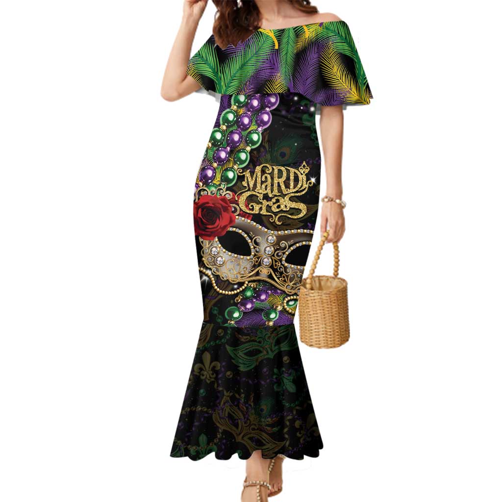 Mardi Gras 2025 Family Matching Mermaid Dress and Hawaiian Shirt Beadeds With Gorgeous Mask - Wonder Print Shop
