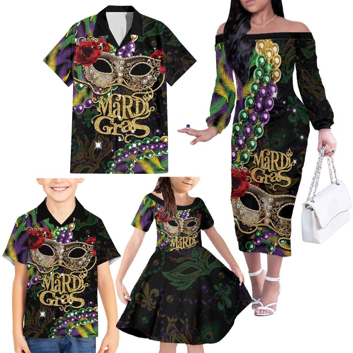 Mardi Gras 2025 Family Matching Off The Shoulder Long Sleeve Dress and Hawaiian Shirt Beadeds With Gorgeous Mask - Wonder Print Shop