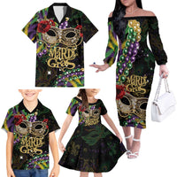 Mardi Gras 2025 Family Matching Off The Shoulder Long Sleeve Dress and Hawaiian Shirt Beadeds With Gorgeous Mask - Wonder Print Shop