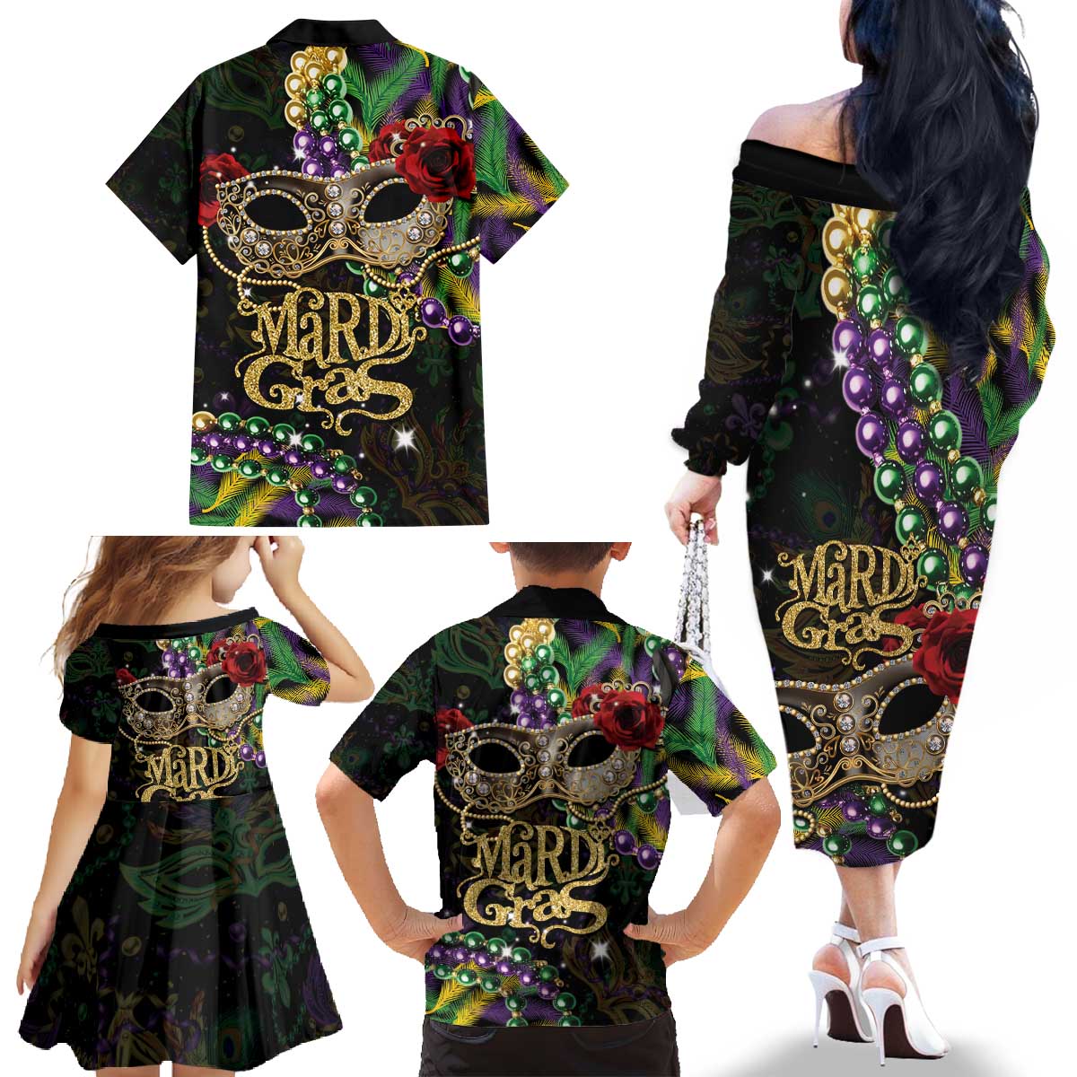 Mardi Gras 2025 Family Matching Off The Shoulder Long Sleeve Dress and Hawaiian Shirt Beadeds With Gorgeous Mask - Wonder Print Shop