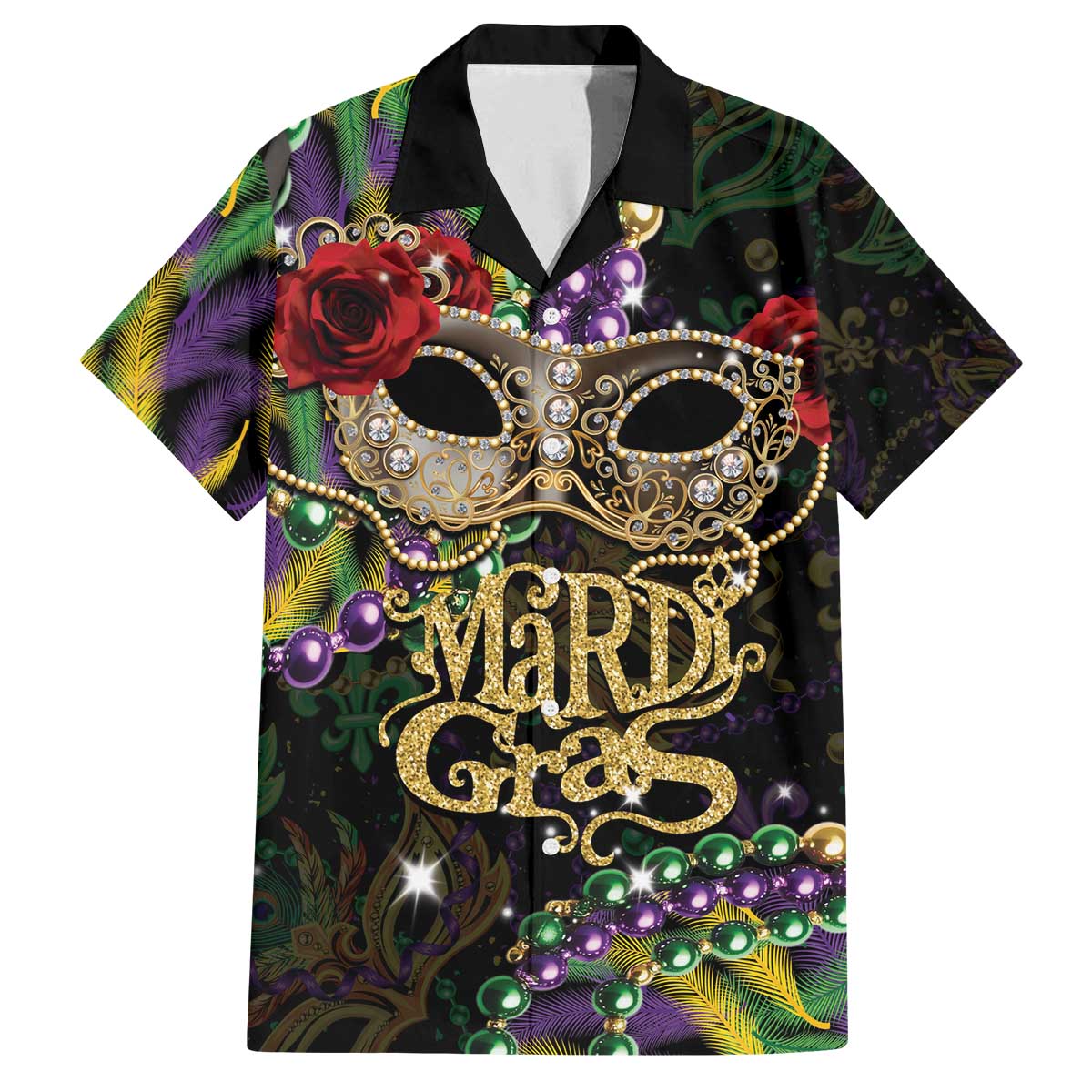 Mardi Gras 2025 Family Matching Off The Shoulder Long Sleeve Dress and Hawaiian Shirt Beadeds With Gorgeous Mask - Wonder Print Shop