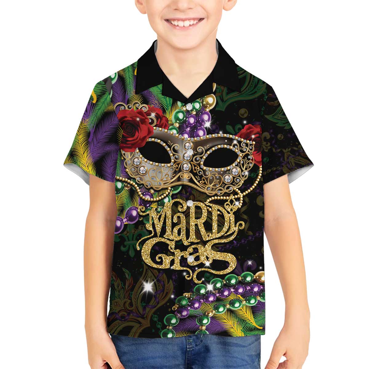 Mardi Gras 2025 Family Matching Off The Shoulder Long Sleeve Dress and Hawaiian Shirt Beadeds With Gorgeous Mask - Wonder Print Shop