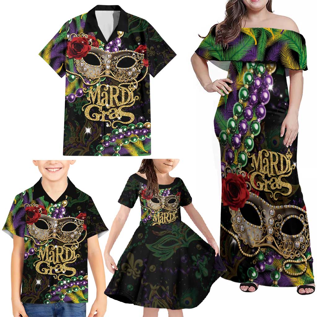 Mardi Gras 2025 Family Matching Off Shoulder Maxi Dress and Hawaiian Shirt Beadeds With Gorgeous Mask - Wonder Print Shop