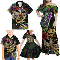 Mardi Gras 2025 Family Matching Off Shoulder Maxi Dress and Hawaiian Shirt Beadeds With Gorgeous Mask - Wonder Print Shop