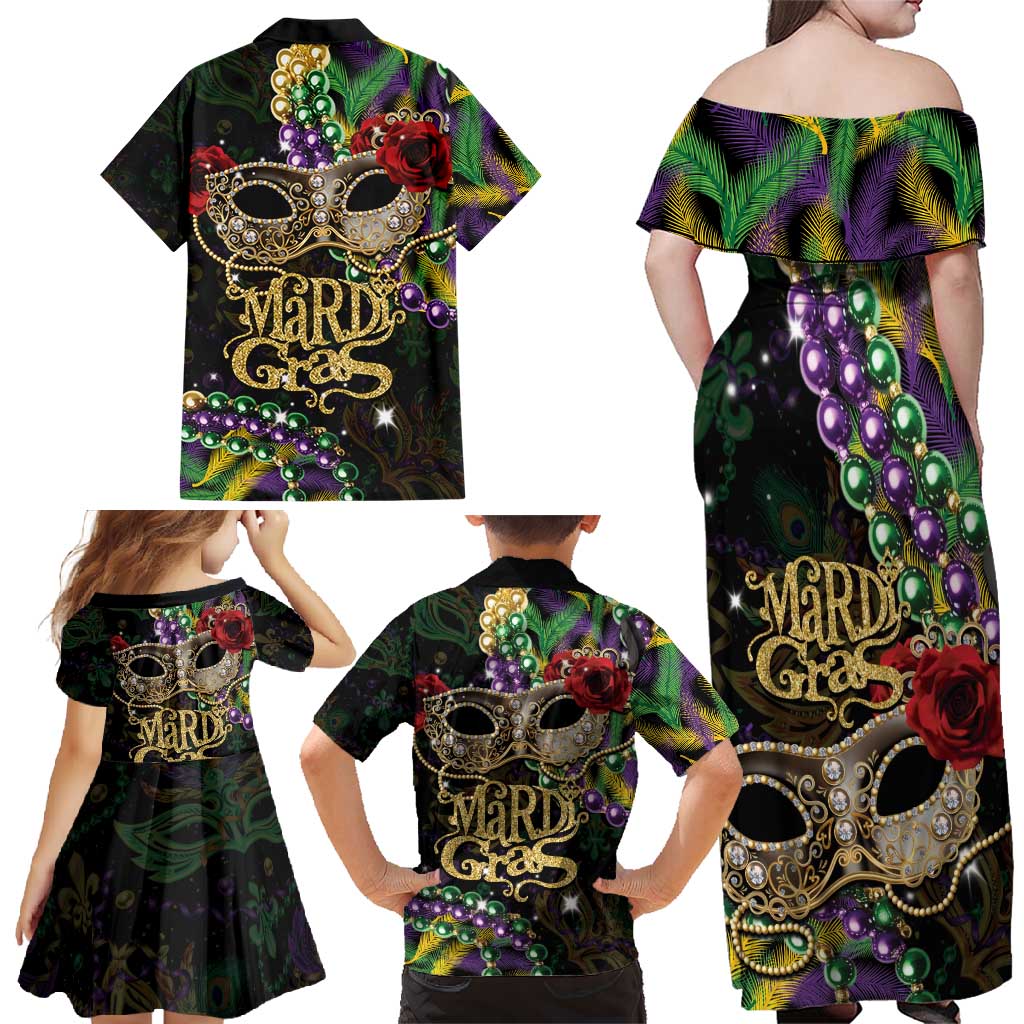 Mardi Gras 2025 Family Matching Off Shoulder Maxi Dress and Hawaiian Shirt Beadeds With Gorgeous Mask - Wonder Print Shop