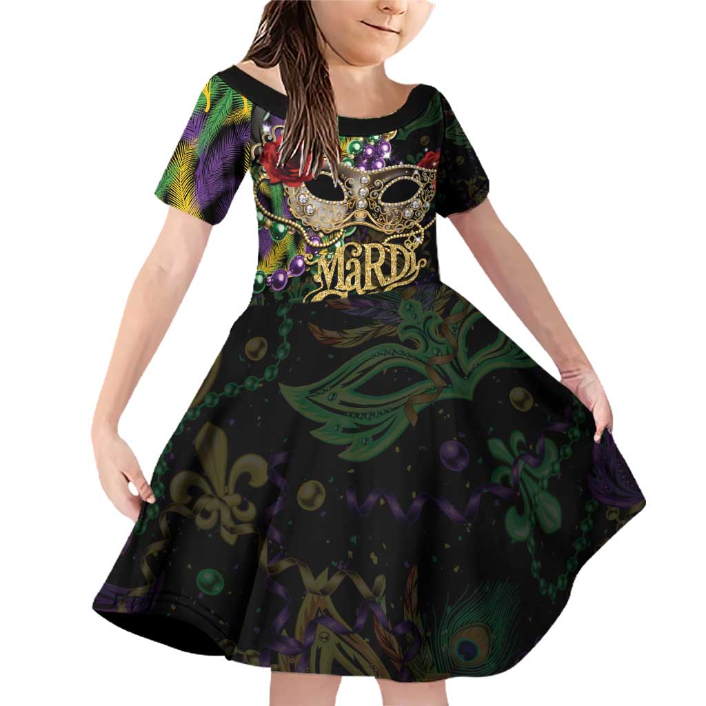 Mardi Gras 2025 Family Matching Off Shoulder Short Dress and Hawaiian Shirt Beadeds With Gorgeous Mask - Wonder Print Shop