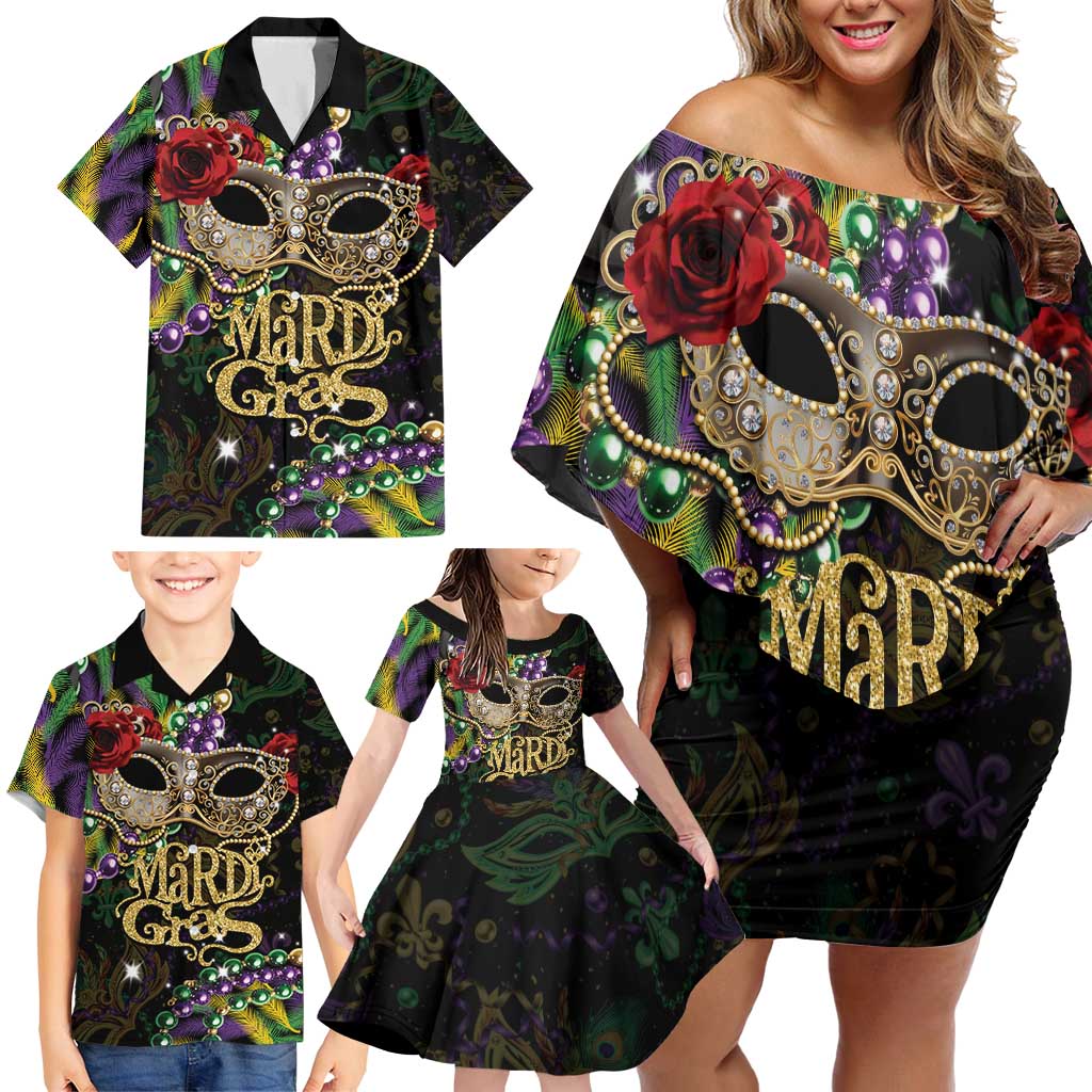 Mardi Gras 2025 Family Matching Off Shoulder Short Dress and Hawaiian Shirt Beadeds With Gorgeous Mask - Wonder Print Shop