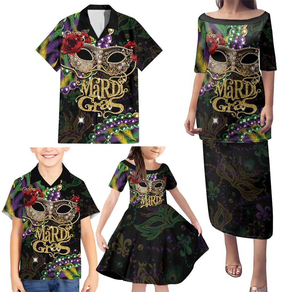 Mardi Gras 2025 Family Matching Puletasi and Hawaiian Shirt Beadeds With Gorgeous Mask - Wonder Print Shop